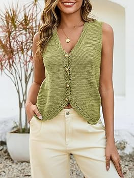 Saodimallsu Womens Sleeveless V Neck Sweater Vest Cropped Button Down Casual Loose Knit Summer Go... | Amazon (US)