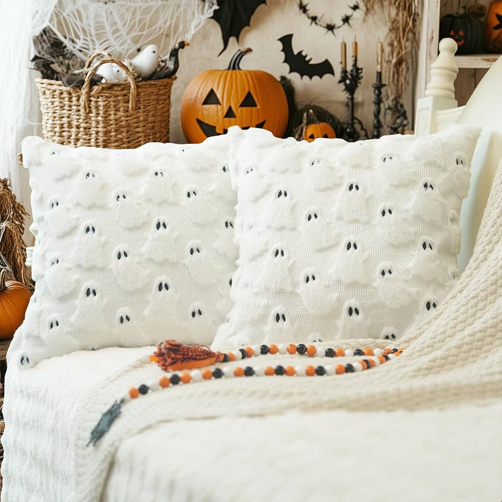 GEEORY Halloween Ghost Soft Plush Pillow Covers, 18 x 18 Inch Set of 2, Fluffy Faux Fur Wool Deco... | Amazon (US)