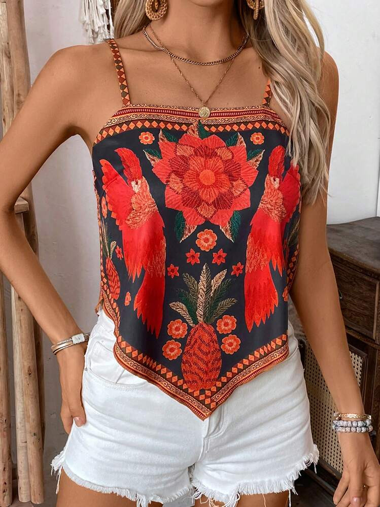 Women's Leisure Comfortable Loose Printed Green Plant Positioning Tank Top Graphic Tees Women Tops | SHEIN
