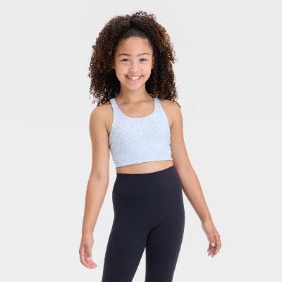 Girls' Racerback Sports Bra - All In Motion™ Light Blue Leopard Print M: Recycled Polyester, Spandex, Moisture Wicking, Flat Seams, Pullover | Target