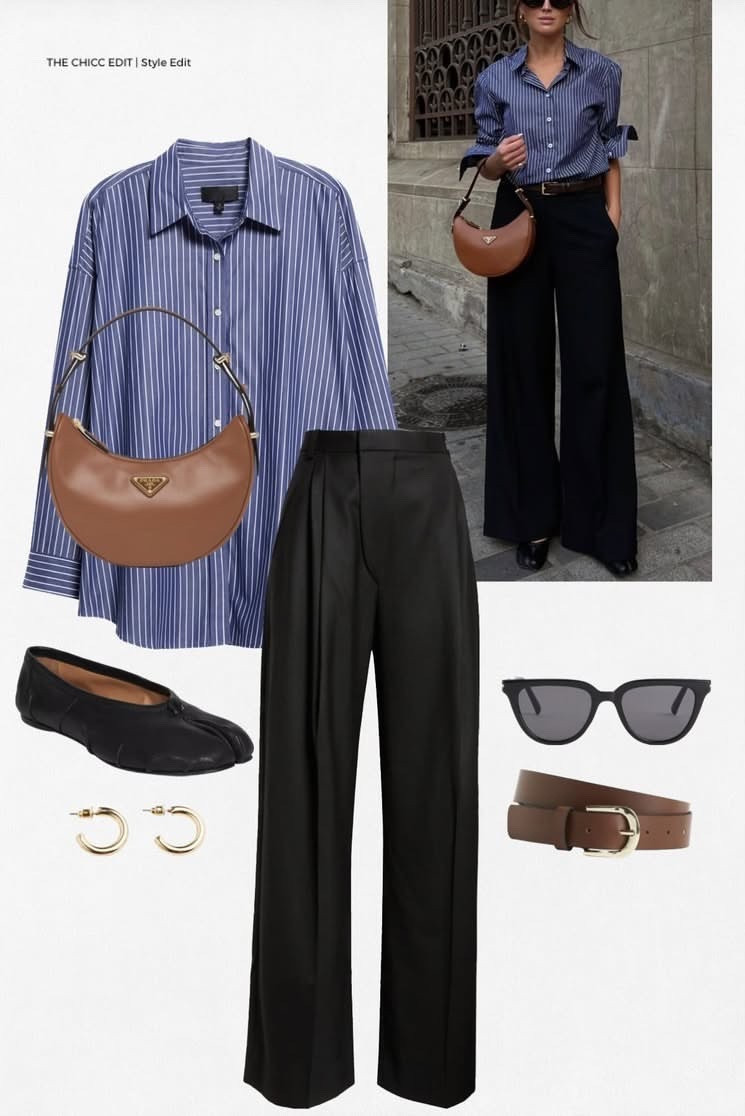 Shop the look 👔 Pinterest inspired 

#workwear #casual #prada #dupe #flats sunglasses belt pants button up shirt gold hoops earrings striped black 

#LTKgrwm #LTKOver40 #LTKootd