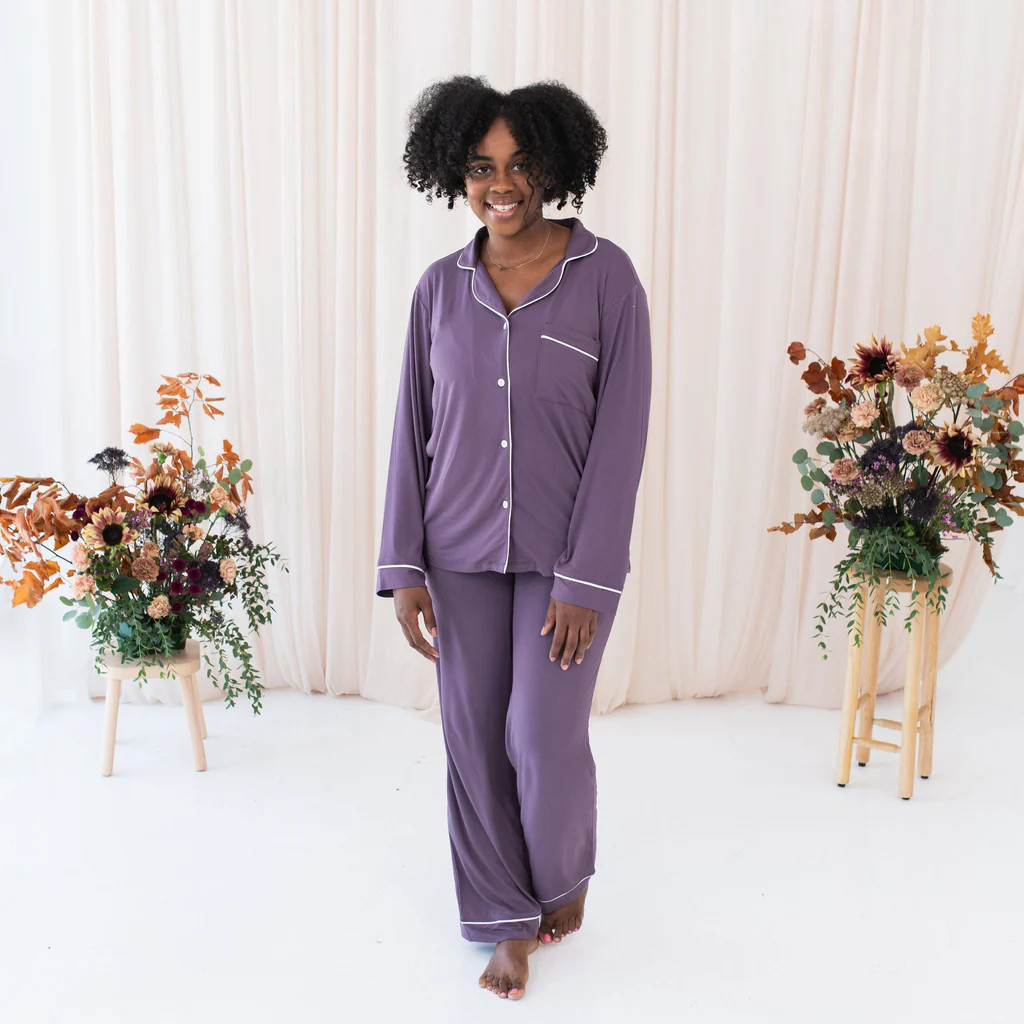 Women's Long Sleeve Pajama Set in Currant with Cloud Trim | Kyte BABY