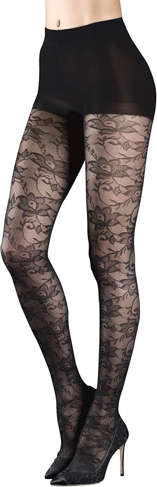 Badgley Mischka Luxury Fashion Micro Net Tights with Rose Lace Floral Pattern & Control Top, Blac... | Amazon (US)