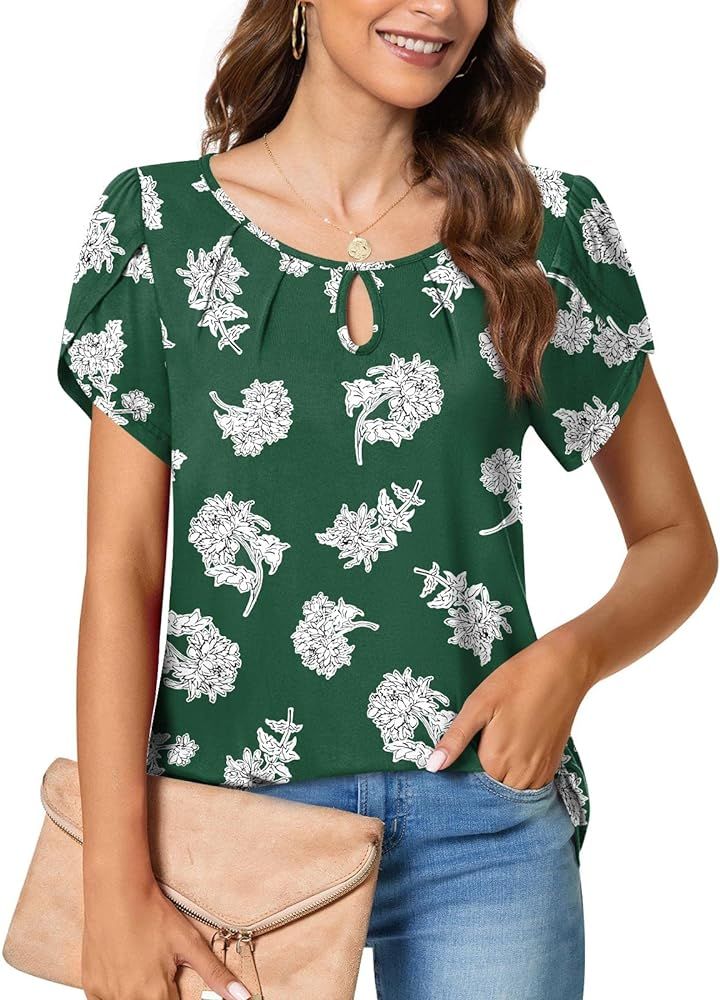 syoss Women's Casual Summer Tunic Tops Pleated Petal Cap Short Sleeve Shirts Round Neck Keyhole B... | Amazon (US)