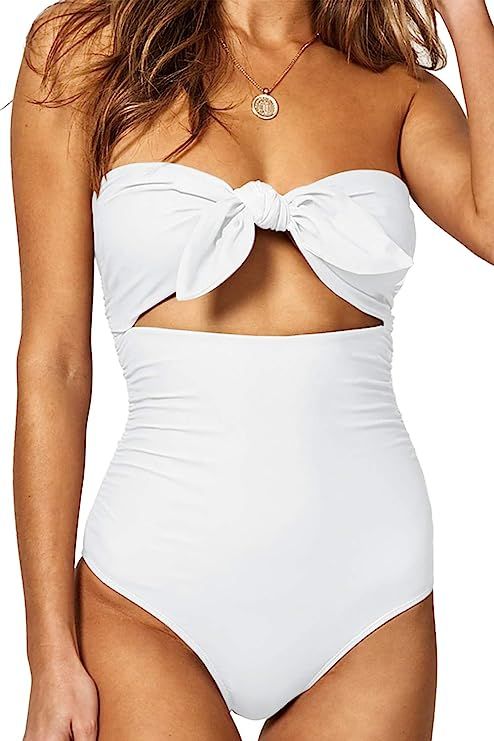 QINSEN Womens Sexy Strapless Tie Knot Front High Waist One Piece Swimsuit | Amazon (US)