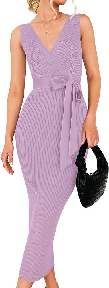 ZESICA Women's Summer Knitted Bodycon Midi Dress Elegant Wrap V Neck Sleeveless Tie Waist Sweater... | Amazon (US)
