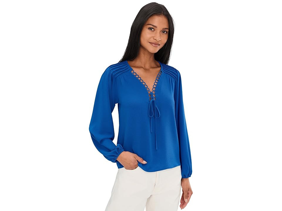 CeCe Long Sleeve Circular Trim Pintuck Top Women's Clothing Cobalt Petal : XS, Polyester | Zappos