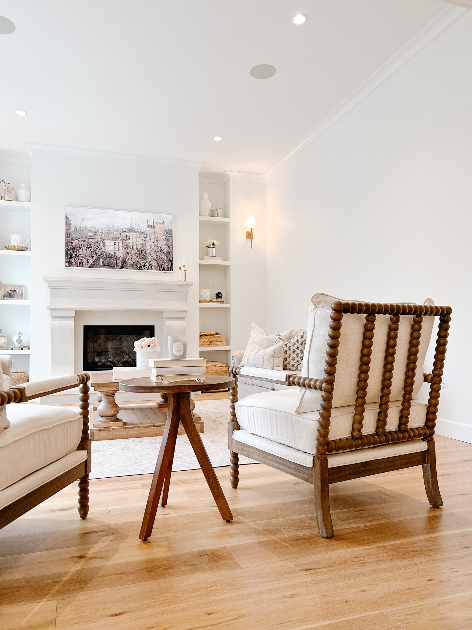 wood spindle & linen fabric chairs in a french country living room#LTKSale 

#LTKunder50 #LTKsalealert