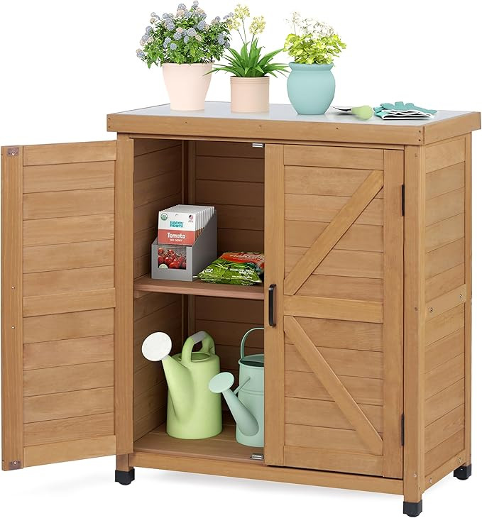 Outdoor Storage Cabinet & Potting Bench Table with Metal Top, Wooden Patio Furniture, Garden Work... | Amazon (US)