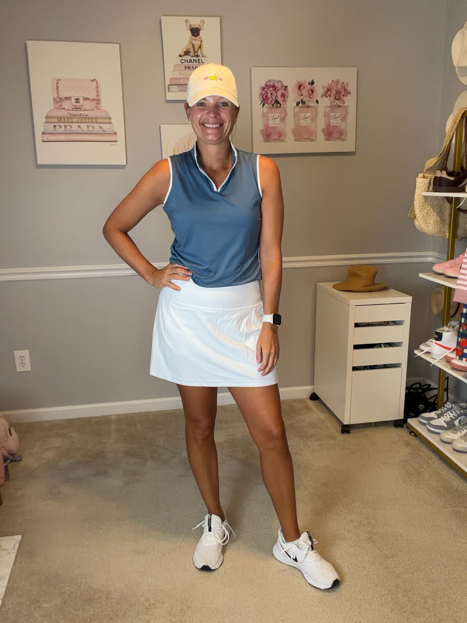 Blue and white golf shirt with mock neck TTS (code MelissaW10 for 10% off)
White skort 14.5 inches TTS

#LTKMidsize #LTKPetite #LTKActive