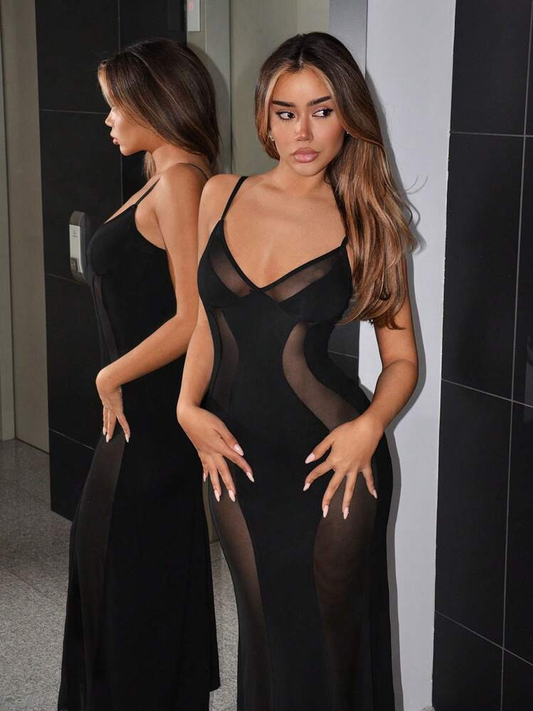 SHEIN ICON Valentine's Day Dating Valentines Clothes Spring Summer Asymmetric Mesh Patchwork Bustier Bodycon Mermaid Maxi Dress | SHEIN