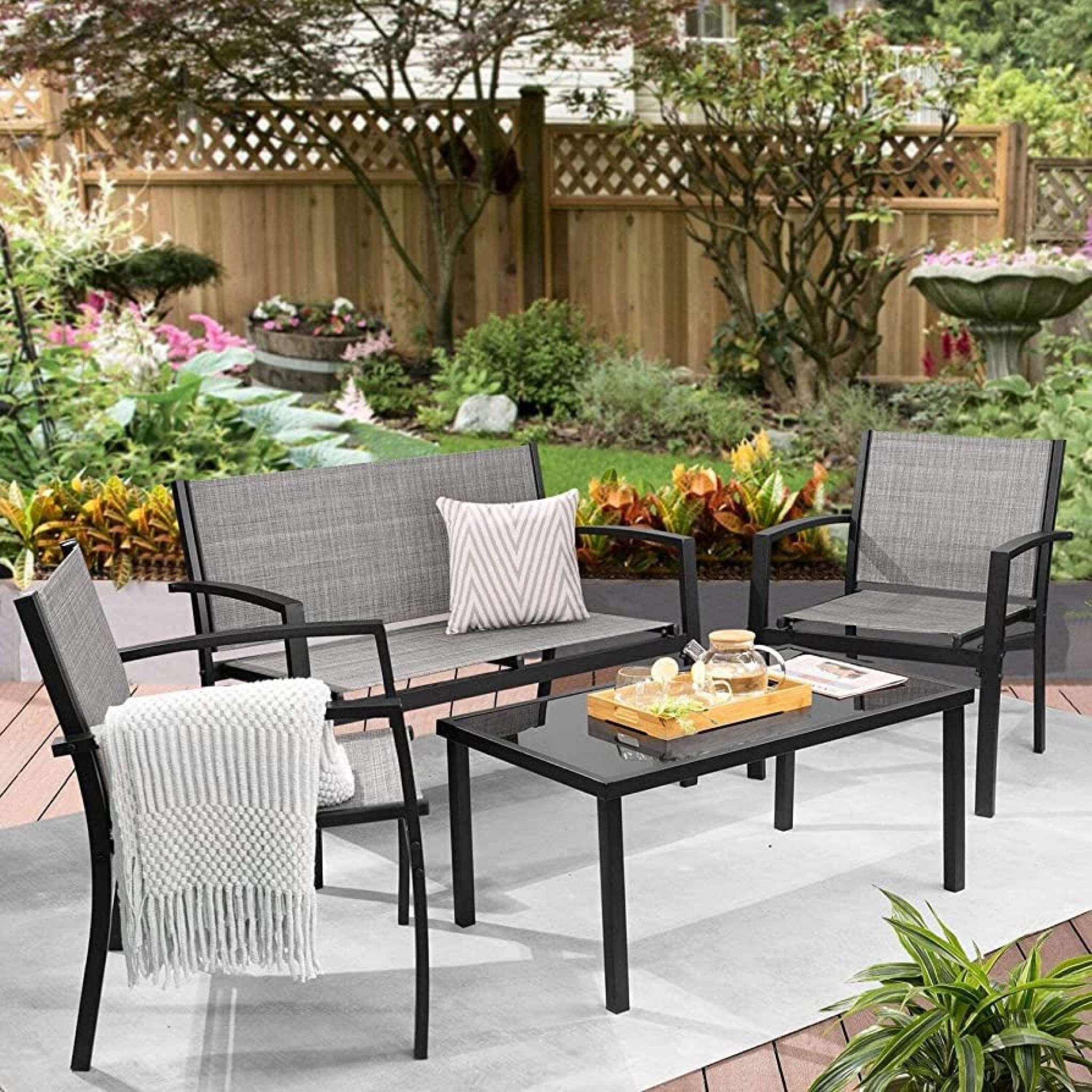 Under $150 
Amazon finds! Click below to shop amazon ! 4 Pieces Patio Furniture Set, Outdoor Conversation Sets for Patio, Lawn, Garden, Poolside with A Glass Coffee Table, Gray set, amazon finds, amazon patio set, sabic platform 

#LTKsalealert #LTKSeasonal #LTKFind
