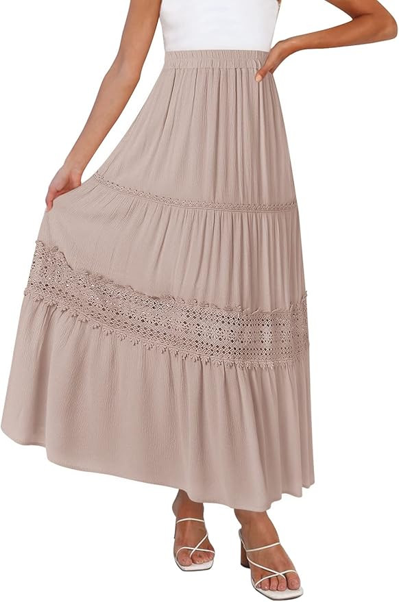 ZESICA Women's 2023 Summer Bohemian Solid Color Lace Trim Flowy A Line Beach Long Maxi Skirt with... | Amazon (US)