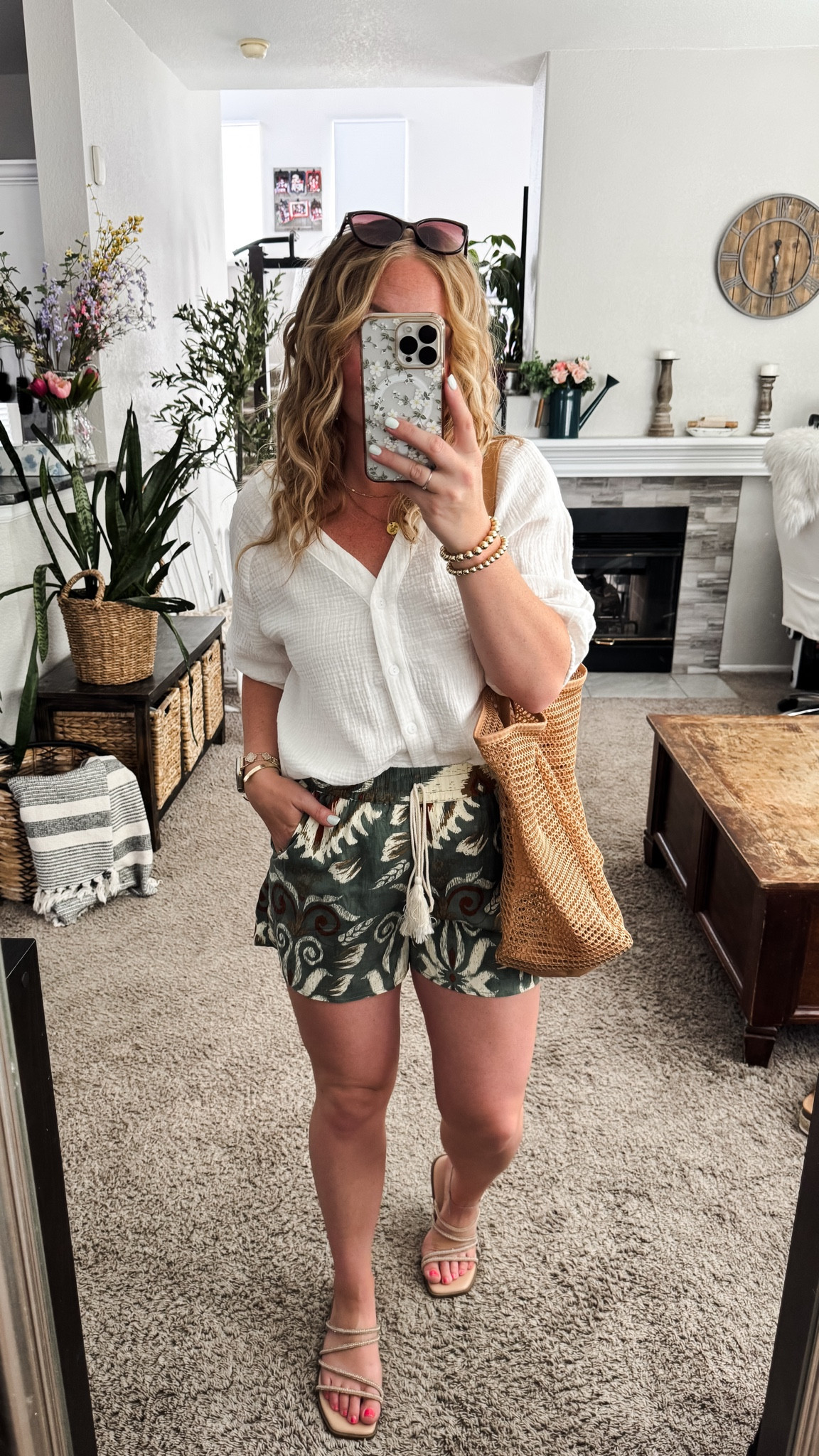 Summer vacation outfit from Cupshe — white cotton button down shirt, printed green floral shorts, mesh tote bag, and sandals






vacation outfits, tropical outfits, beach outfits, beach clothes, resort wear 2026, summer outfits, beach vacation outfit 

#LTKootd #LTKPetite #LTKTravel