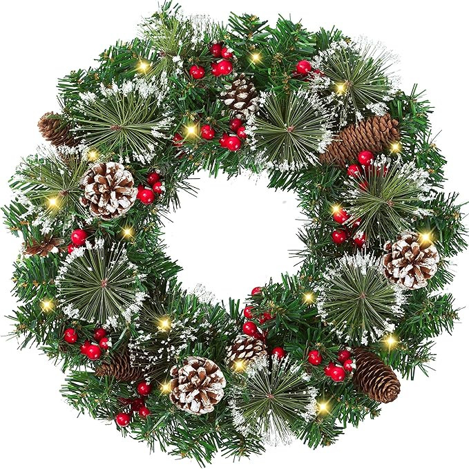 18’’ Artificial Christmas Wreath for Front Door with Pine Needles Red Berries Pine Cones Chri... | Amazon (US)