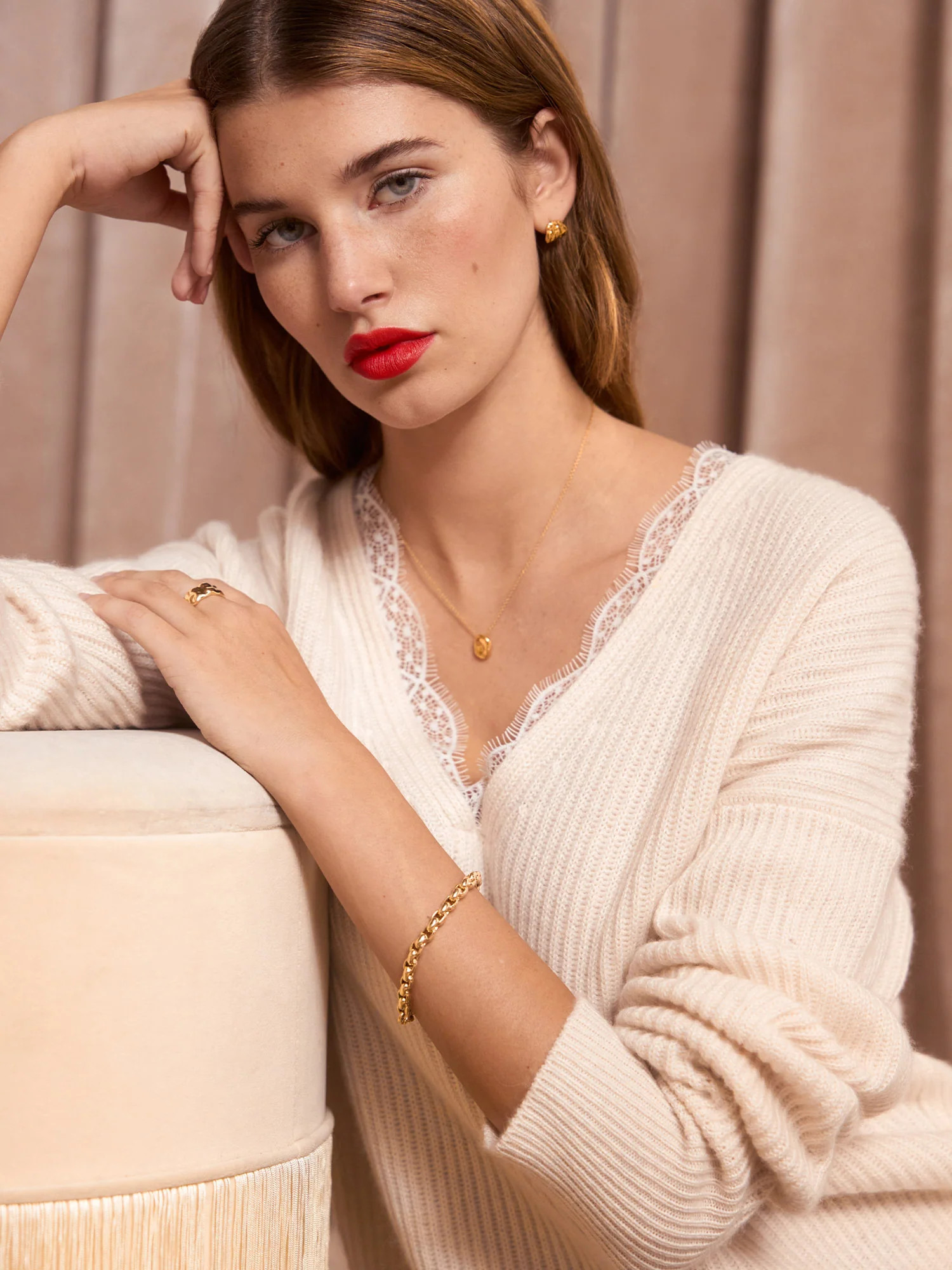 Brochu Walker | Women's Ava Lace V Neck Sweater in Almond Combo | Brochu Walker