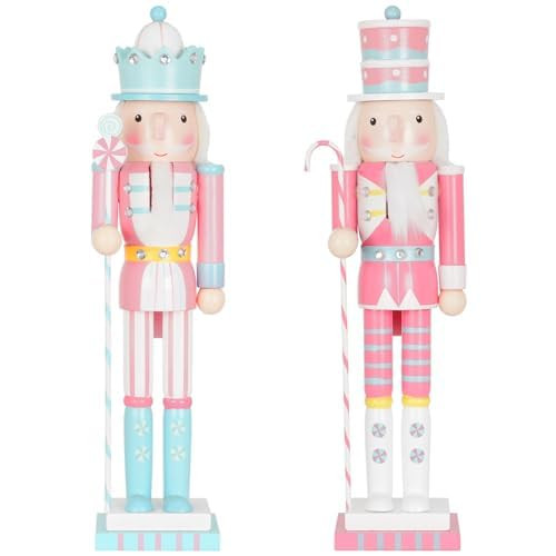 Nutcracker Christmas Decor Set of 2 15-Inch Wooden King and Soldier Blue Pink Nutcracker Figure Ornaments for Table Mantel Chrismtas Tree Decorations | Amazon (US)