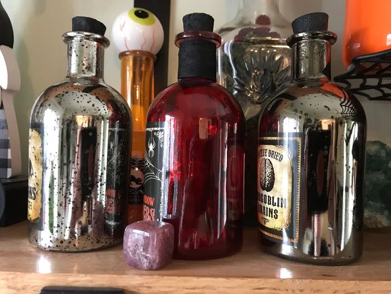 Potion Bottle Ingredients Halloween Decor-Glass Bottles-Home Accent Decorations-Mercury Glass-Fau... | Etsy (US)