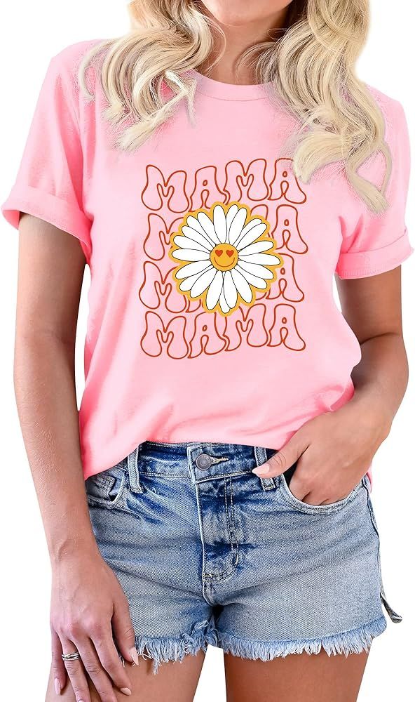 Mama T Shirts Women Daisy Smile Graphic Pullover Mom Tee Shirt | Amazon (US)