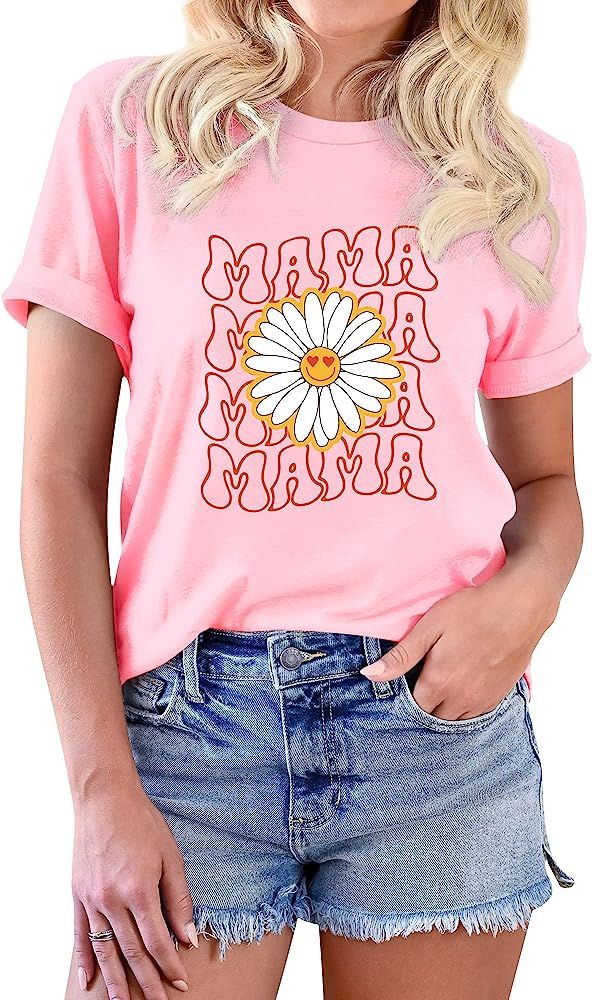 Mama T Shirts Women Daisy Smile Graphic Pullover Mom Tee Shirt | Amazon (US)