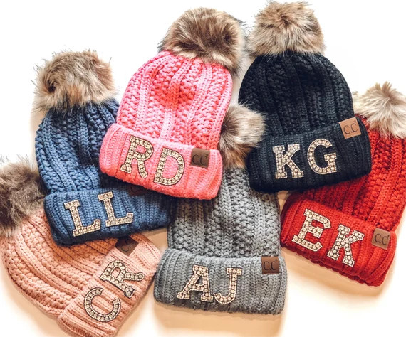 Rhinestone Monogram Fur Pom Pom Beanie  Sparkle Monogram CC | Etsy | Etsy (US)