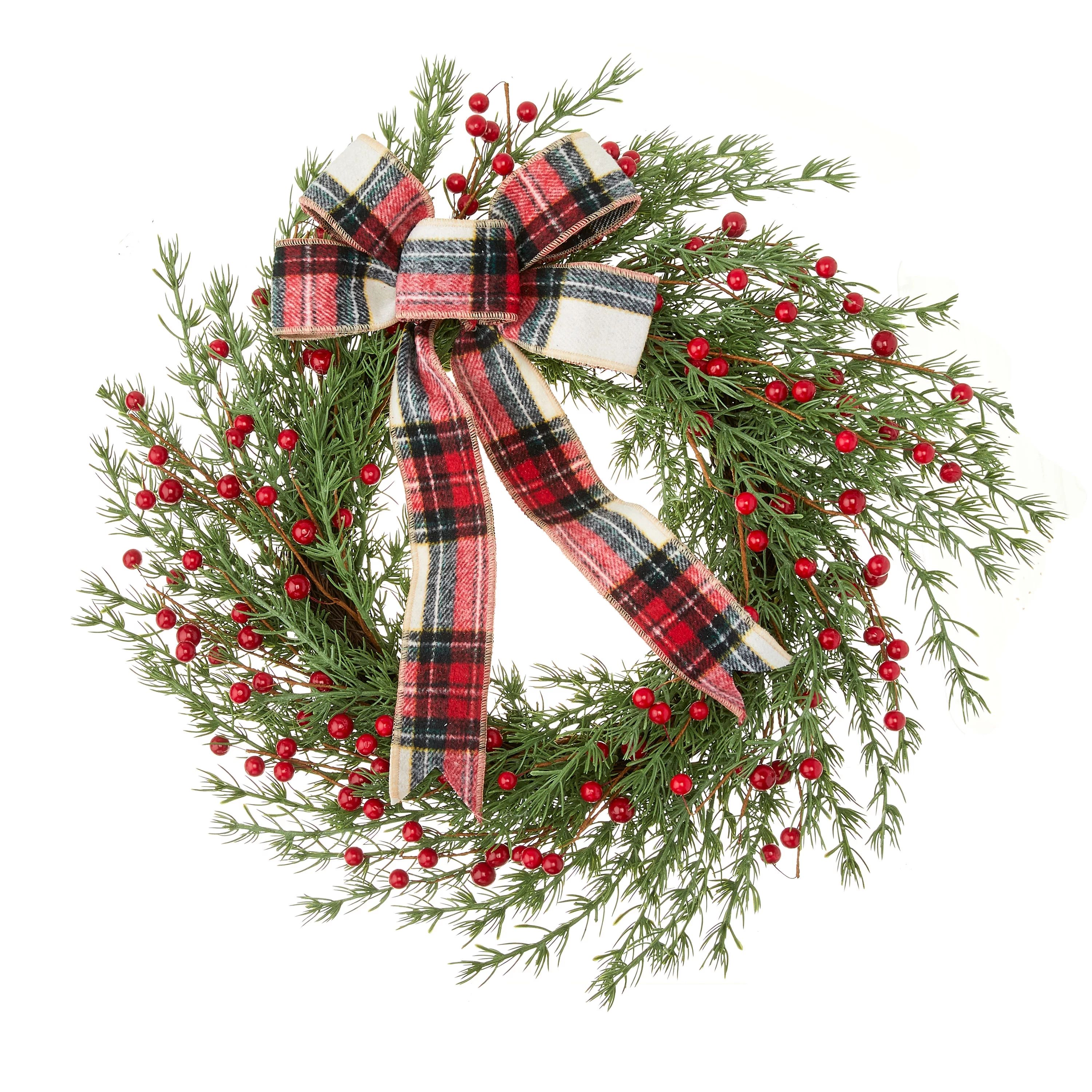 Holiday Time Red Berry Christmas Wreath with Plaid Bow, 18-Inch - Walmart.com | Walmart (US)
