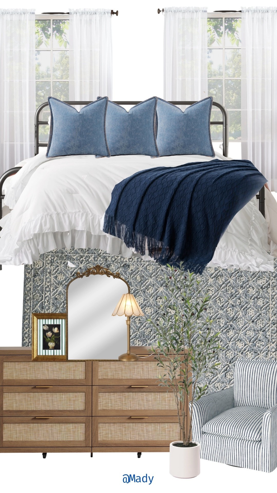 Blue & white bedroom mood board from Walmart 🤍✨ Loving this cozy, affordable space featuring a black metal bed frame, warm wood tones, and calming coastal-inspired hues. Everything is budget-friendly and perfect for creating a clean, modern bedroom refresh without breaking the bank. 🛏️🌊

Shop this Walmart home decor edit for bedroom inspiration, affordable furniture finds, neutral bedroom ideas, blue and white decor, and cozy aesthetic vibes. #WalmartFinds #BedroomInspo #AffordableHome #LTKHome #NeutralDecor #CoastalVibes