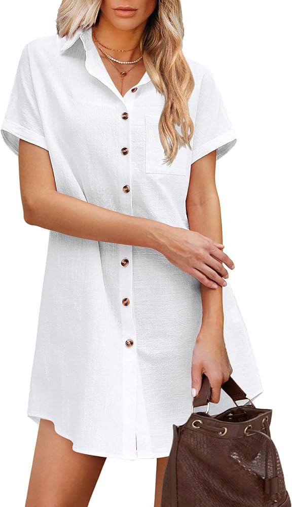 Hotouch Women's 3/4 Sleeve V Neck Button Down Shirt Dress Casual Cotton Linen Blouse Tops with Po... | Amazon (US)