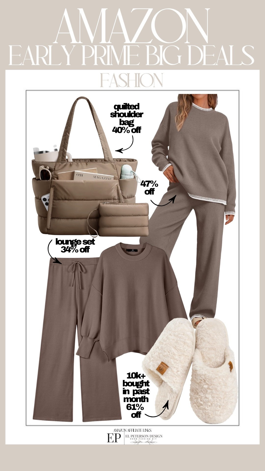 Amazon 
Early Prime Big Deals
Fashion
2 pc lounge  sets
Slippers
Shoulder bag

#LTKSaleAlert