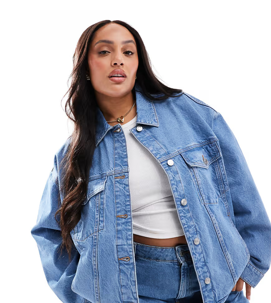 ASOS DESIGN Curve oversized 90's denim jacket in mid wash blue | ASOS (Global)