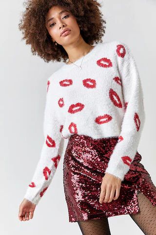Lori Red Lips Fuzzy Sweater - francesca's | Francesca's