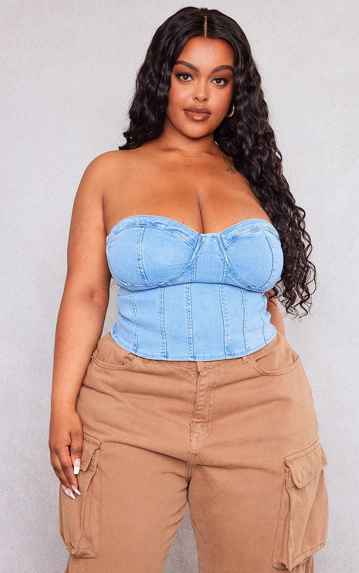 Plus Light Blue Wash Bandeau Denim Corset | PrettyLittleThing US
