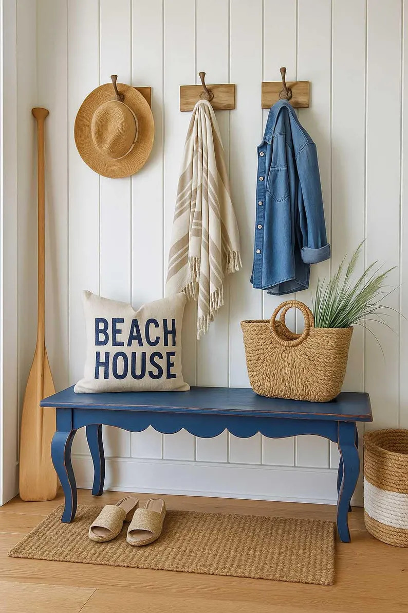 Handcrafted French Cottage Bench: Nautical Blue Farmhouse Entryway Seating - Etsy | Etsy (Global)
