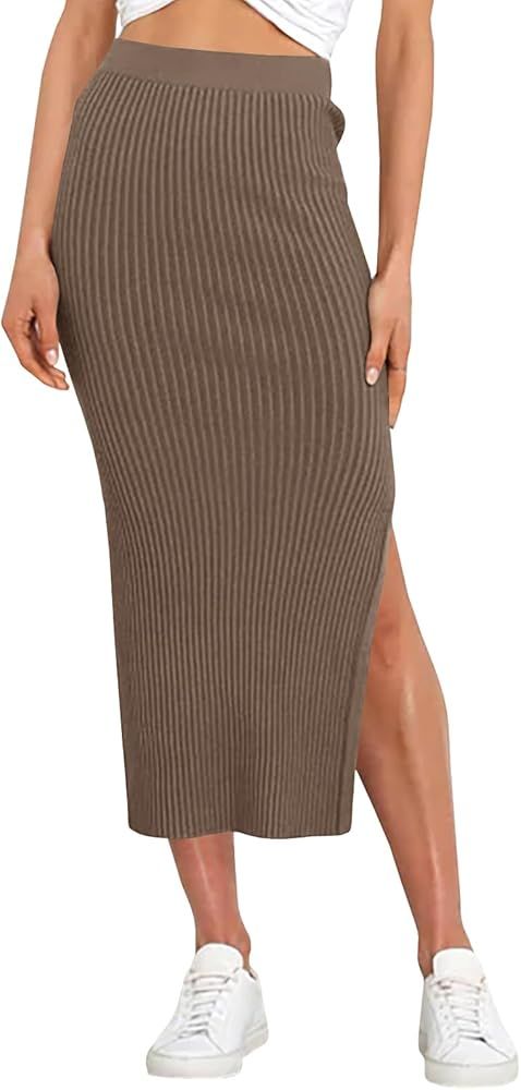 Runcati Women's Bodycon Knitted Pencil Skirts Elastic Split High Waisted Midi Skirt | Amazon (US)