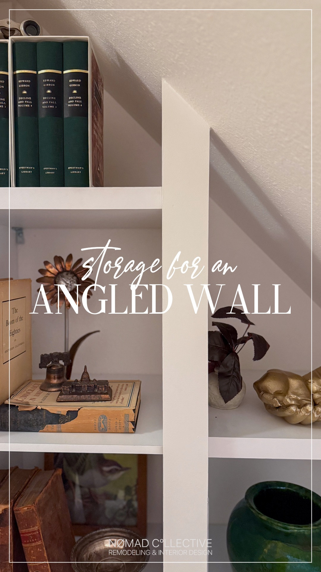 An angled wall can make a room tricky to design, but it doesn’t have to make the space unusable. For this upstairs nook, we combined pre-made cubbies in different sizes and framed them out to create built-ins that follow the slope of the wall.

Now this once-awkward space has a purpose, with room for books, storage, and favorite treasures—plus a cozy spot to sit and enjoy it all.

#LTKHome