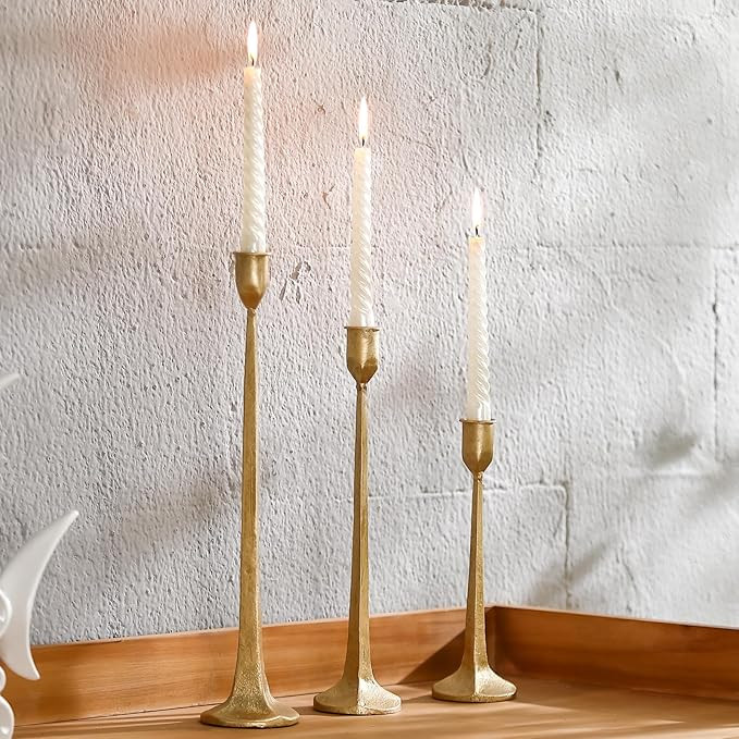Gold Taper Candle Holders Set of 3, Heavy Candlestick Holders Decorative Candle Stand for Table C... | Amazon (US)