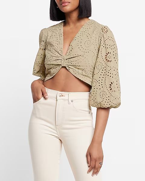 Eyelet Puff Sleeve Cropped Top | Express