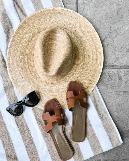 Fashion Jackson pool accessories, beach accessories, beach hat, Hermes sandals, sunglasses, #swim 

#LTKunder50 #LTKunder100 #LTKswim