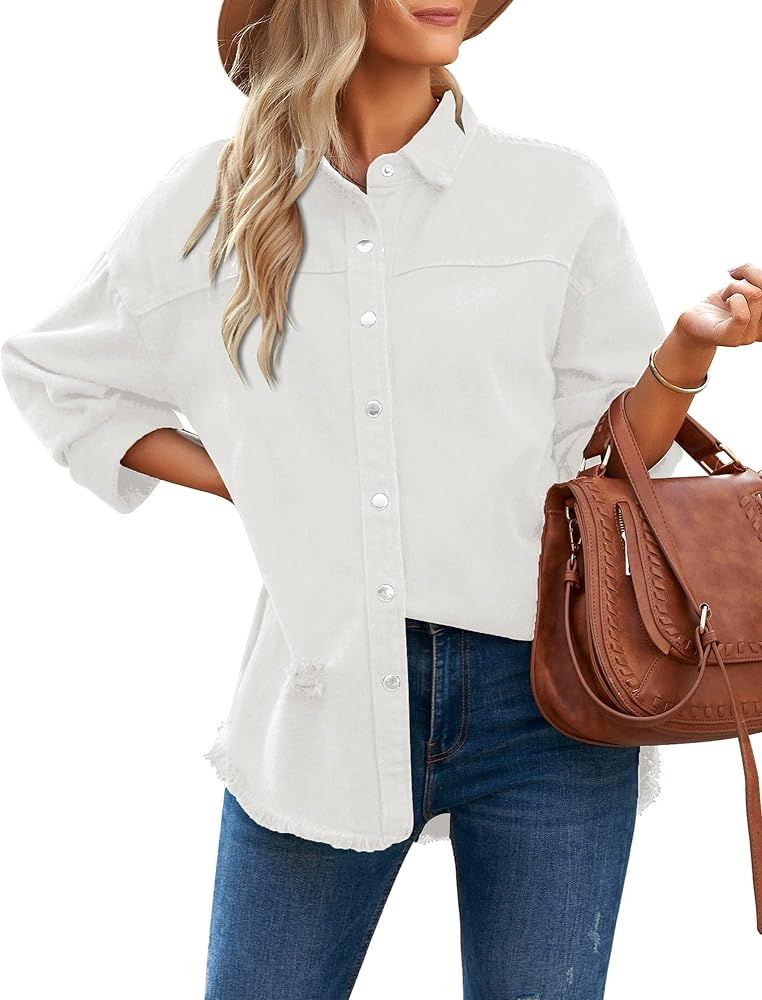 LookbookStore Womens Denim Jacket Oversized Button Down Shirts Jean Shacket Distressed Frayed Coat | Amazon (US)