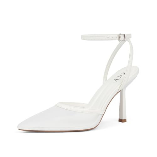 QIY White Heels for Women Closed Pointed Toe Heels Slingback Kitten Ankle Strap Stiletto High Heel Dress Shoes Women White Mesh Pumps Size 11 | Amazon (US)