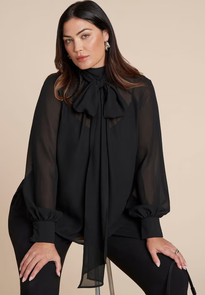 Sheer Neck Tie Blouse | Eloquii