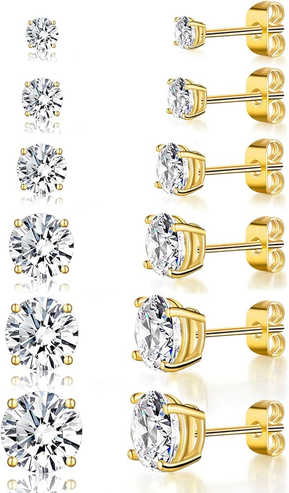 18K Yellow Gold Plated Stud Earrings 4 Prong Brilliant Round Cut 3-8MM Cubic Zirconia Earring Stu... | Amazon (US)