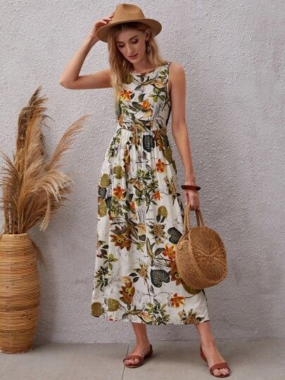EMERY ROSE Plants Print Sleeveless A-line Dress SKU: swdress25210413265(500+ Reviews)Trending - B... | SHEIN