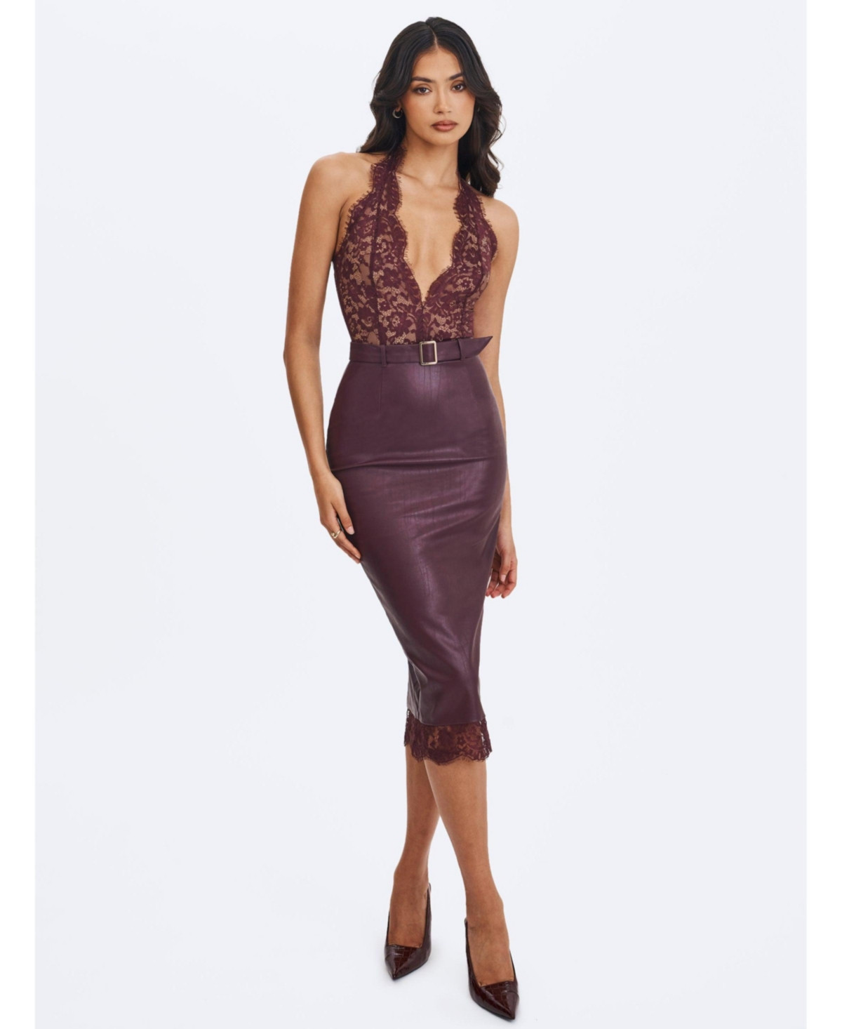 Miss Circle Women's Fiera Mahogany Plunging Halter Belted Midi Dress - Mahogany | Macy's