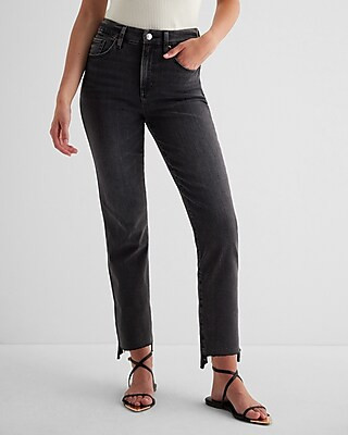 High Waisted Washed Black Raw Hem Flexx Straight Ankle Jeans | Express