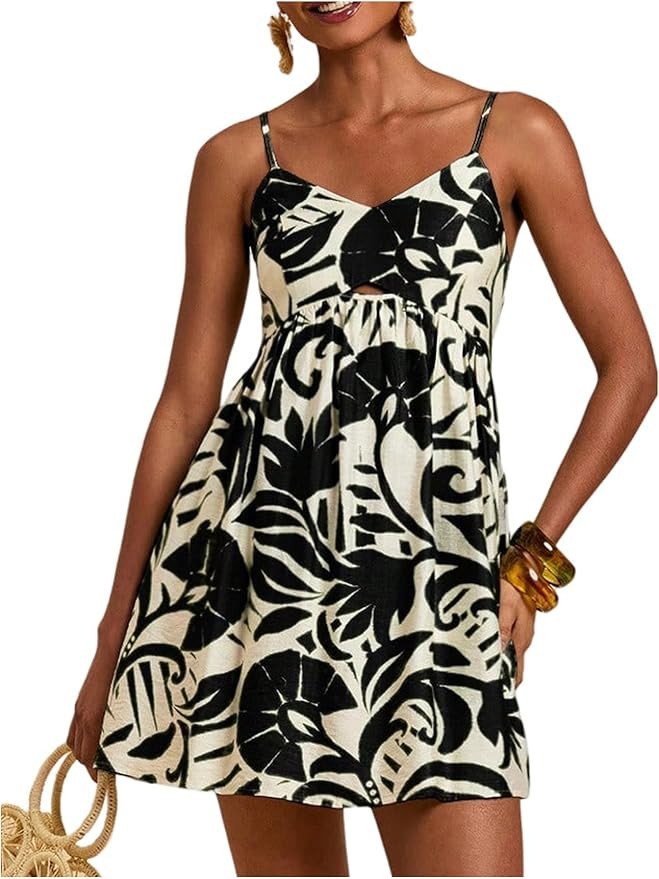 MakeMeChic Women's Summer Floral Boho Mini Dress A Line Smocked Beach Vacation Dresses Sundress | Amazon (US)