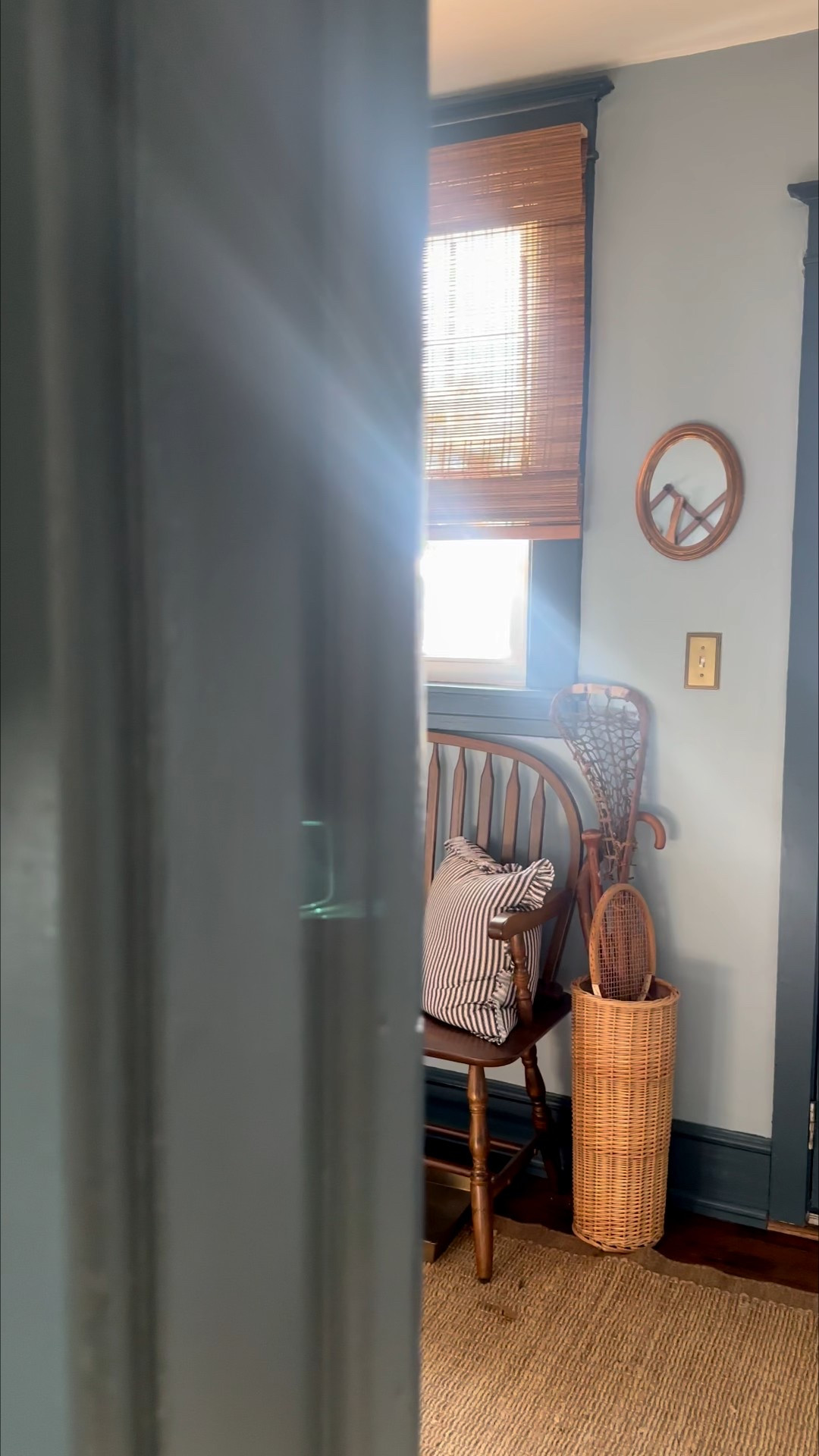 Our mudroom paint color combination is one that effortlessly transforms any space into a sanctuary 🤍 Details:
 
Walls: Santorini Blue
Trim + Doors: New Providence Navy
Both by Benjamin Moore  

