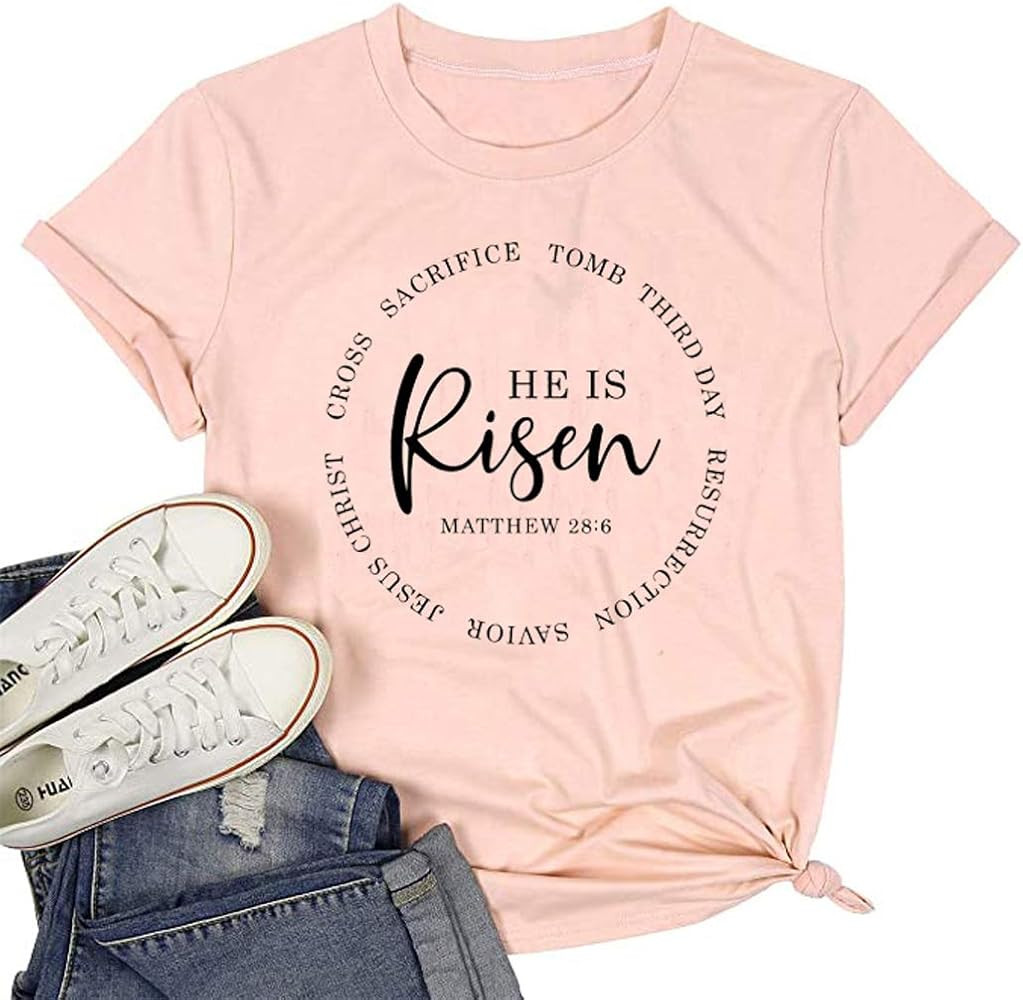 He is Risen Shirt Women Jesus Christian Easter Letter Print T-Shirt Easter Sunday Short Sleeve Tee T | Amazon (US)