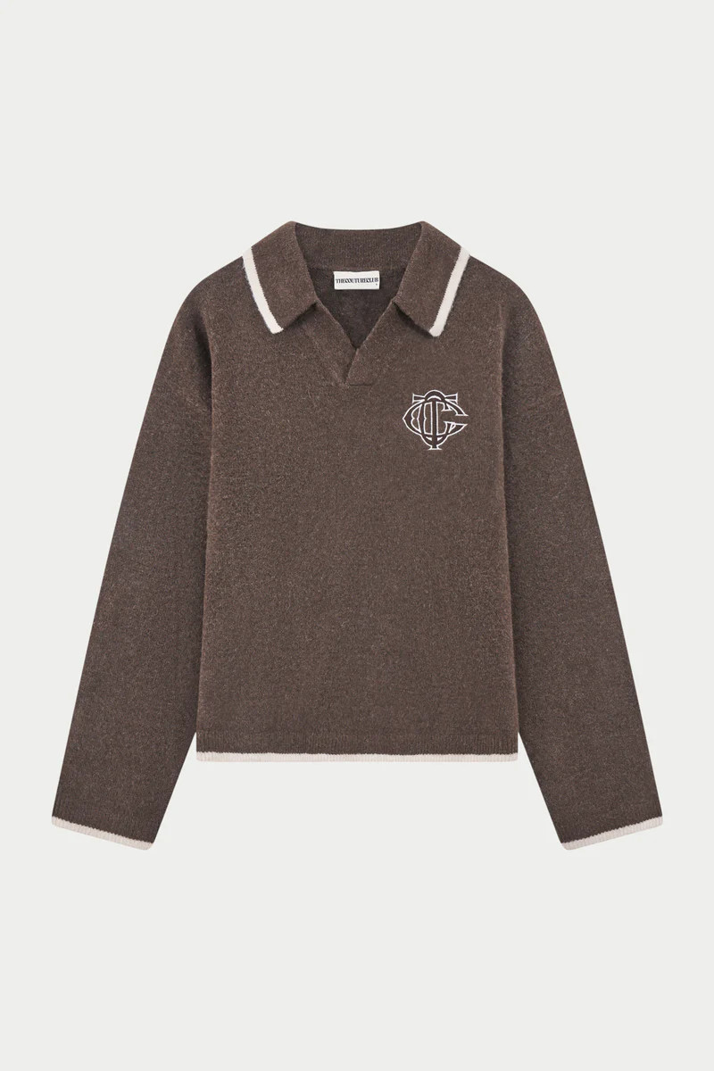 MONOGRAM EMBLEM KNITTED POLO TOP - BROWN | The Couture Club