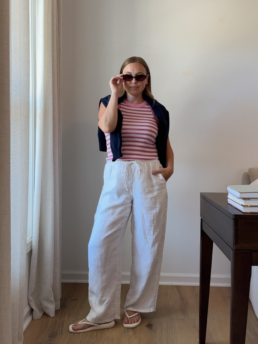 summer comfortable outfit! looks very east coast, vacation summer vibes. jcrew white linen pants, striped cotton old navy tank top. crocs miami flip flops. 

wearing a small in both!
 

 #LTKgrwm #LTKootd #LTKmomlife